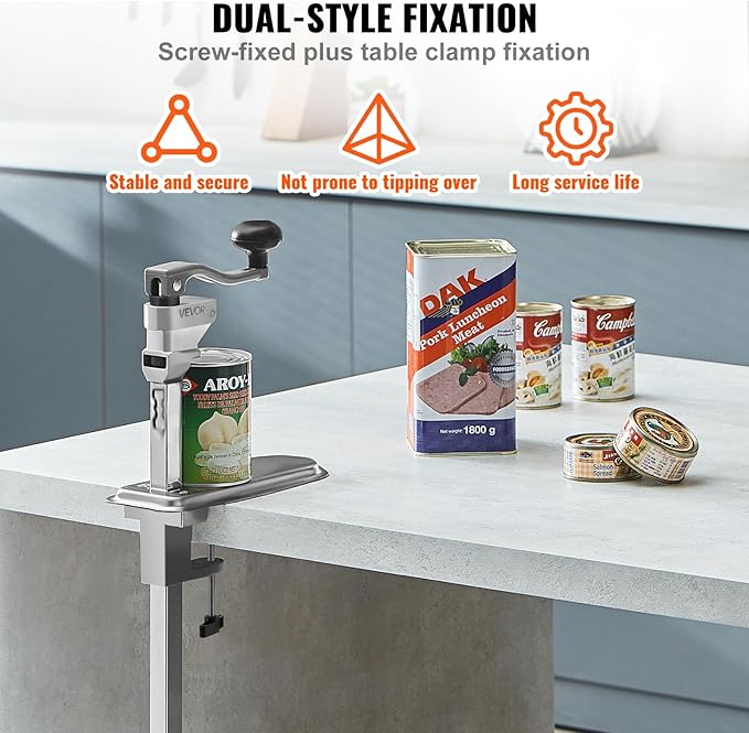 VEVOR Commercial Can Opener, Heavy-Duty Manual Tabletop Cans Opener for Cans Up to 15.75 in Height, Height-Adjustable Can Openers Fixed with Screws & Table Clamp, for Restaurant, Hotel, and Food Store