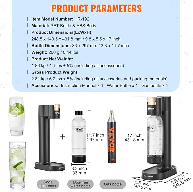 VEVOR Sparkling Water Maker, Soda Maker Machine for Home, Soda Maker with BPA-free 1L PET Bottle, CO2 Cylinder(Not Contain CO2 GAS), Compatible with Mainstream Screw-in 60L CO2 Cylinder