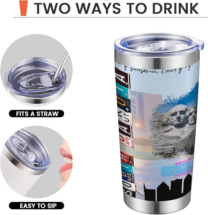 20oz Insulated Tumbler South Dakota State Coffee Mug, United States Map Travel Mug Landmark, Birthday Gifts Cute Custom Tumbler Cups with Lid and Straw Gifts for Mom
