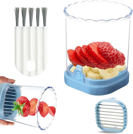 Strawberry Slicer：Fruit Slicer Cup Veggie Salad Speed Cutter for Strawberries Egg Banana Mushroom Cucumber Kiwi the Kitchen Portable Slicing Tool (Blue)