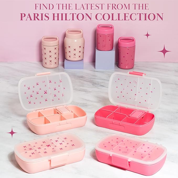 Paris Hilton Stainless Steel Food Jar, Double Wall Vacuum Sealed Insulated Food Storage Container with Carry Handle Lid, 16-Ounce, Pink with Heart Design (Pack of 4)