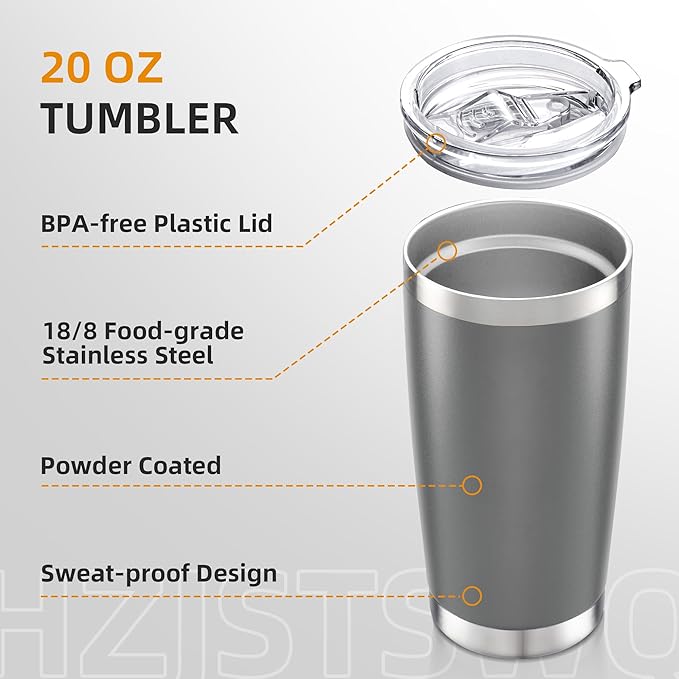 20 oz Tumbler with Lid Stainless Steel Insulated Tumblers Double Wall Vacuum Coffee Mug Powder Coated Tumbler Cups for Cold and Hot Drinks, Grey, 1 pack