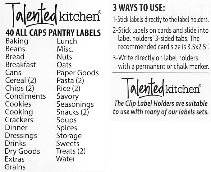 Talented Kitchen Labels for Storage Bins & Holders - 8-Pack Bronze Metal Holders & 40-Piece Set, 2 x 3.5 in - Clip-On Basket & Pantry Labels for Kitchen Organization