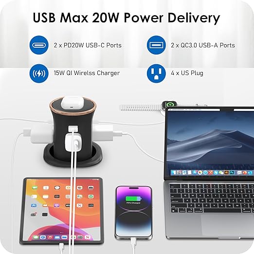 ANNQUAN Motorized Pop Up Countertop Receptacle with 15W Wireless Charger,Max 20W Power Delivery,3.15" Automatic Pop Up Outlet,4 Outlets,4 USB 3FT Cord