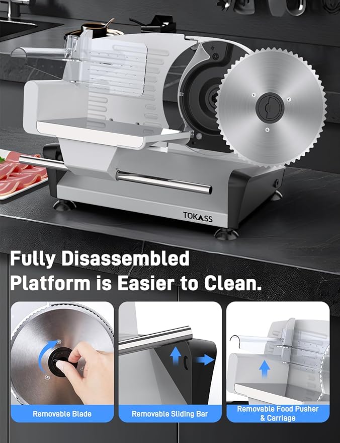 Meat Slicer, 200W Meat Slicer Machine for Home, DC Motor Quiet Deli Slicer with 2 Removable 7.5'' Stainless Steel Blades, Adjustable Dial for 0-15mm, Electric Food Slicer for Meat, Cheese, Bread