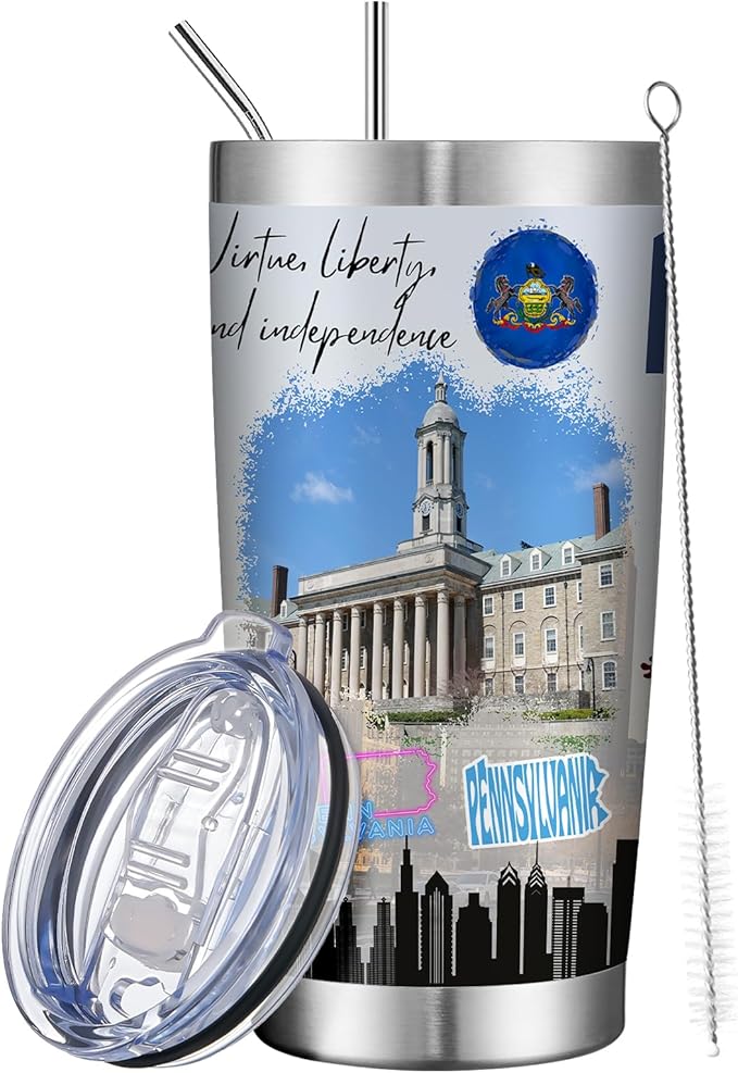 20oz Insulated Tumbler Pennsylvania State Coffee Mug, United States Map Travel Mug Landmark, Birthday Gifts Cute Custom Tumbler Cups with Lid and Straw Gifts for Mom
