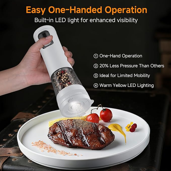 Electric Salt and Pepper Grinder Set,2 Pack Rechargeable Automatic Pepper Mill,with Charging Base,5 Level,Display,LED Lighting,Large Capacity,Kitchen Gift (2, White, Charging Base)
