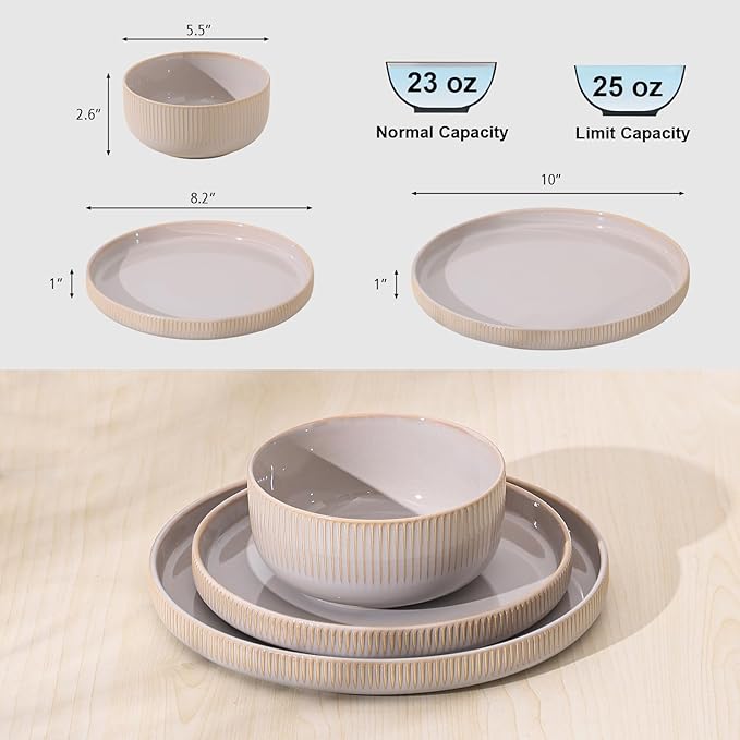 Frewinky Ceramic Dinnerware Sets for 1, Round Reactive Glaze Porcelain Plates and Bowls Sets, Scratch Resistant Modern Dishes Set, Dishwasher & Microwave Safe, Service for 1-Gray