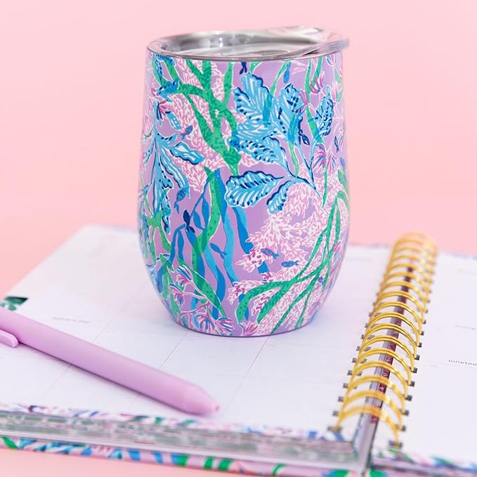 Lilly Pulitzer 12 Oz Insulated Tumbler with Lid, Yellow/Green Stainless Steel Travel Wine Glass, Double Wall Metal Cup (Secret Escape)