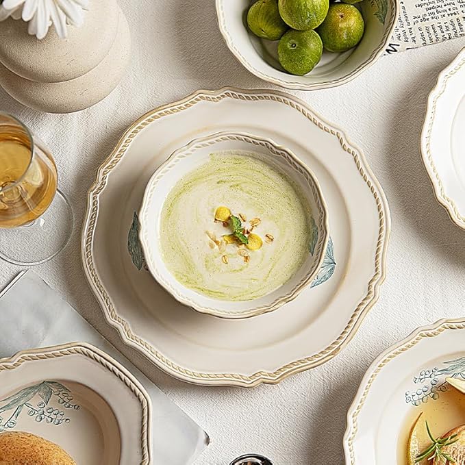 8-Piece Dinnerware Set - Lily Bloom Series, Service for 4, Includes 6'' Bowls & 10'' Plates, Retro Vintage Floral Style, Microwave & Dishwasher Safe