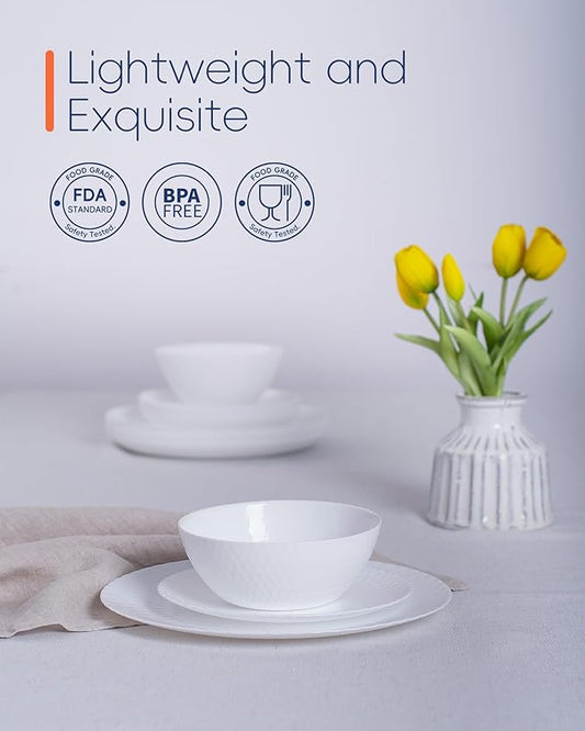Dinnerware Sets for 4, Light & Durable 12 Pieces Opal Glass Plates and Bowls Set, Dishwasher and Microwave Safe Ribbed Dish Dinning Ware, Thin but Strong Geometric Faceted White