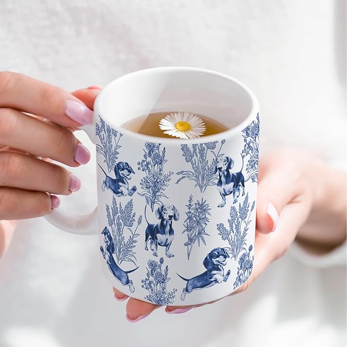 Dachshund Blue French Toile Coffee Mug, Dachshund Lover Gifts for Women, Blue Toile Coffee Cup for Weiner Mom, Dog Lovers Tea Coffee Mug Birthday Gifts for Sausage Dog Owners, 15 oz