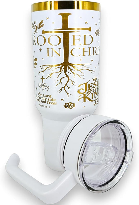 40oz Christian Tumbler with Handle & Straw – “Rooted in Christ,” “Jesus Is King,” Faith Scripture Gift – Double Wall Insulated Stainless Steel Mug for Hot & Cold Drinks (Rooted In Christ)