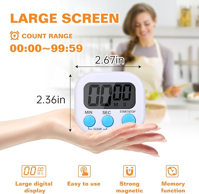 12 Pack Digital Kitchen Timers for Cooking, Small Magnetic Countdown Classroom Timers for Teachers Kids, Big Digits Loud Alarm Backing Stand Timer for Kitchen, Shower, Study, Work, Exercise Training