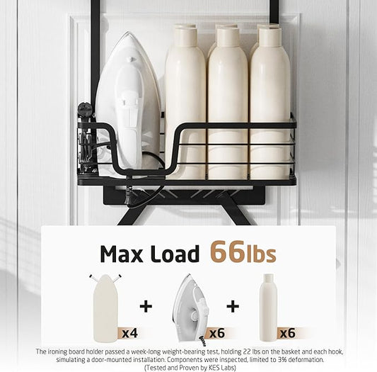 KES Over The Door Ironing Board Holder, Ironing Board Hanger Door Mount with Storage Shelf Y and T Shaped Fits for 1 3/8 Doors Matte Black, HIR501A-BK