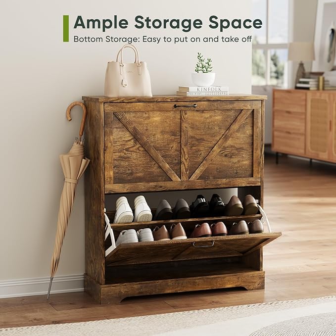 Shoe Cabinet, Shoe Storage Cabinet for Entryway with 2 Flip Drawers, Narrow Farmhouse Shoe Organizer Cabinet, Slim Shoe Rack Cabinet, 31.5 in Rustic Brown