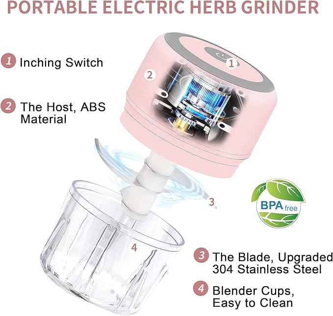 Electric Herb Grinder - 3.5 Inch Large Grinders for Grinding Dry Fresh Herbs and Spice with Clear Chamber, Portable USB Charge Herb Grinder, Including Clean Brush and Tweezers, Gift Box, Pink