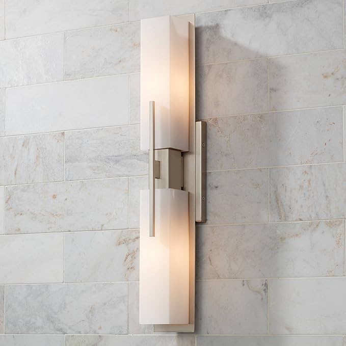 Possini Euro Design Midtown Modern Wall Lights Set of 2 Satin Nickel Silver Metal Hardwired 4 1/2" Fixture White Glass Shade for Bedroom Bathroom Vanity Living Room Home Hallway Dining Kitchen