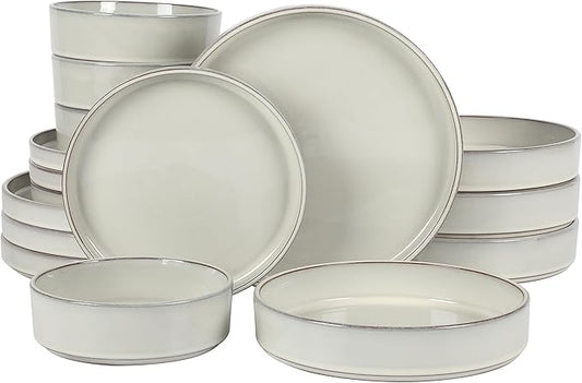 Bloomhouse - Two Time Oprah's Favorite Things Winner - Santorini Mist Double Bowl Terracotta Reactive Glaze Plates and Bowls Dinnerware Set - Moonstone White, Service for Four (16pcs)