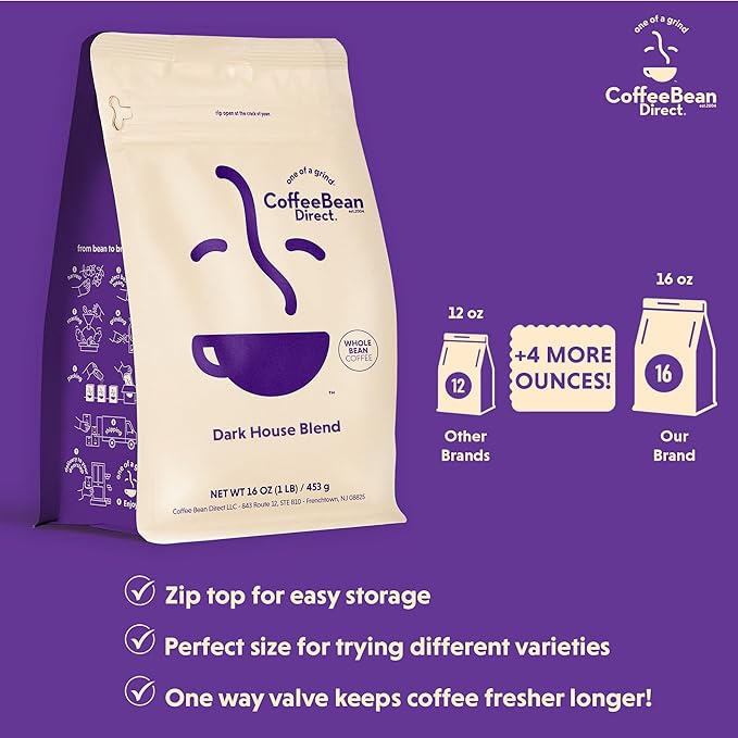 Coffee Bean Direct Dark House Blend, Whole Bean Coffee, Dark Roast, 1 Pound Bag (Pack of 1)
