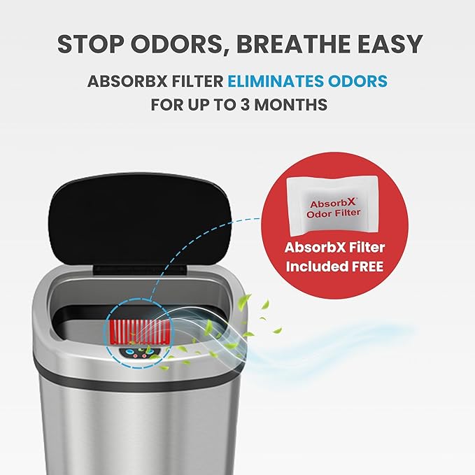 iTouchless 50 Liter / 13 Gallon Stainless Steel Kitchen Trash Can with Sensor 2.0 Tech Touchless Lid and AbsorbX Odor Filter, Oval Slim Space-Saving Automatic Garbage Bin for Home, Office, Business