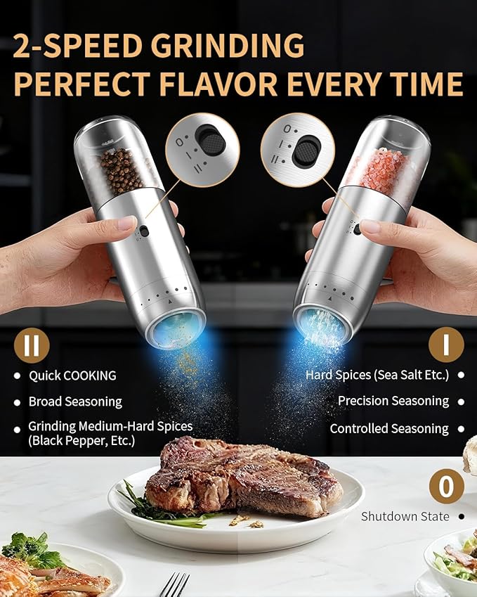Gravity Electric Salt and Pepper Grinder Set with Rechargeable Base, 2-Speed Grinding Control Stainless Steel Pepper Mill Set with Adjustable Coarseness, LED Light & 176ml Large Capacity