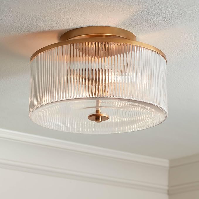 Possini Euro Design McKenzie 14" Mid Century Modern 2-Light Semi Flush-Mount Ceiling Light Fixture Kitchen Foyer Hallway Drum Round Warm Brass Finish Ribbed Glass Metal Bedroom Bathroom Entryway