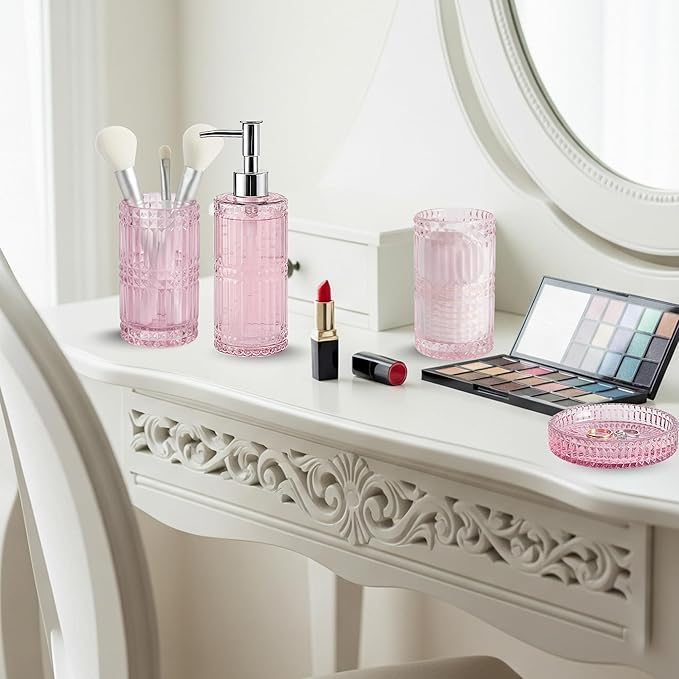 Escenzy Pink Bathroom Accessories Set 4 Pcs | Premium Glass Soap Dispenser and Toothbrush Holder Set, Qtip Holder, Soap Tray | Bathroom Counter Organizer Essentials | Modern Bathroom Set (Pink)