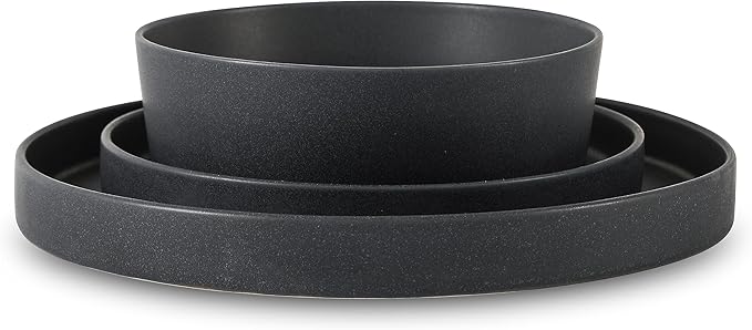 Stone by Mercer Project MODAN 12-Piece Stoneware Dinnerware Set, Plates and Bowls Sets, Dish Set for 4, Charcoal