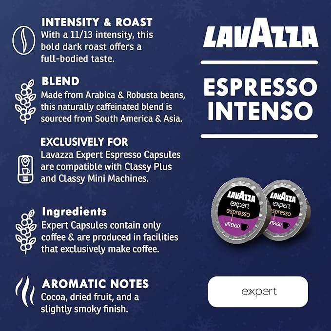 Lavazza Classy Mini Espresso Coffee Machine – 72 Count Intenso Capsules – Compact Single-Serve Brewer Compatible BLUE & Expert Pods
