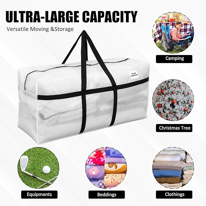 4 Pcs 96 Gallon Large Moving Bags with Zipper and Handles Foldable Storage Duffle Bags Heavy Duty Extra Large Totes for College Dorm Travel Clothes Blankets Bedding Moving (Clear)