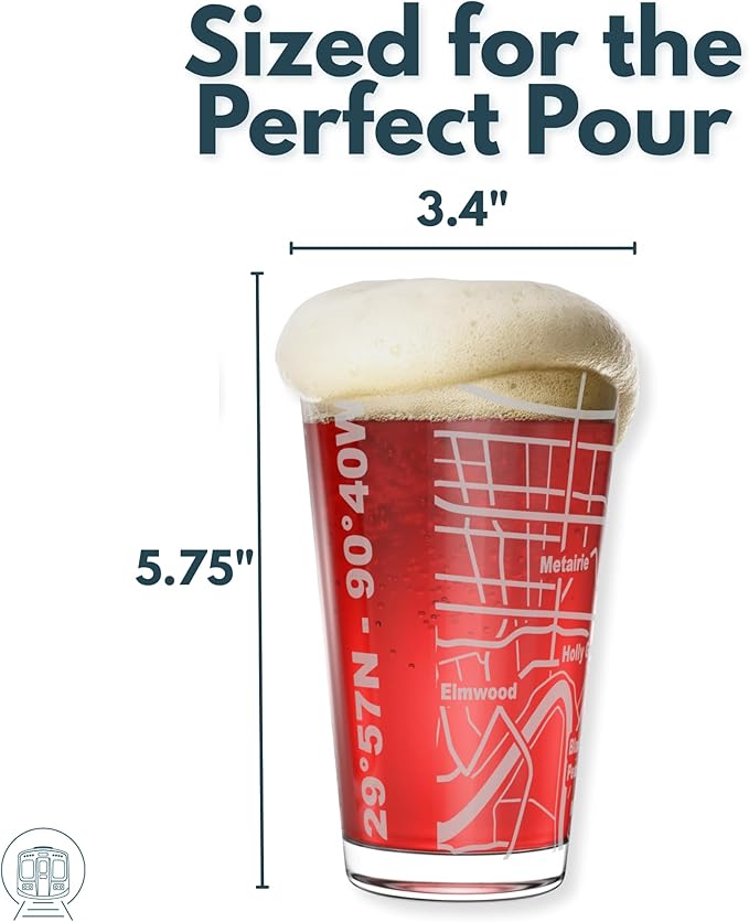 Greenline Goods – New Orleans, LA Map Pint Beer Glasses (Set of 2), 16 oz – Etched Wrap Design