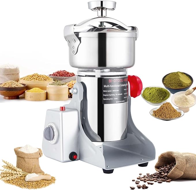 Electric Grain Mill Grinder 2000W Dry Material Grinding Machine 800g Stainless Steel Pulverizer 36000r/min High-speed Grain Mill 270° swingable Superfine powder for Home and Commercial 800g
