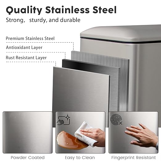 Bathroom Trash Can with Lid, 16.7L/ 4.4 Gallon Rectangular Slim Trash Can with Removable Inner Bucket, Soft Close lid, Stainless Steel Step Pedal Garbage Can for Kitchen, Home Office, Kohler Grey