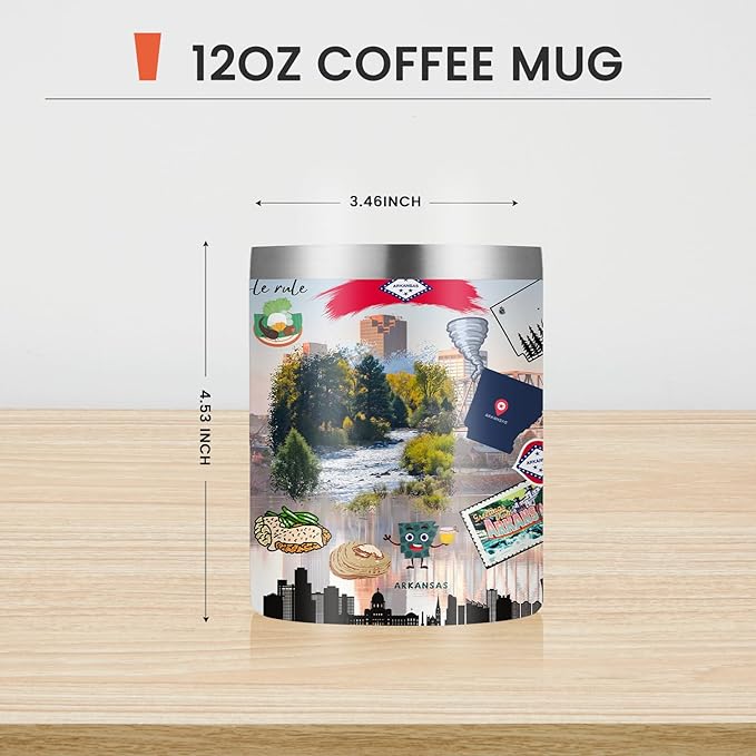 12oz Coffee Mug Arkansas State Insulated Coffee Cups, United States Map Travel Mug Landmark, Birthday Gifts Cute Mugs with Lid and Straw Mothers Day Gifts