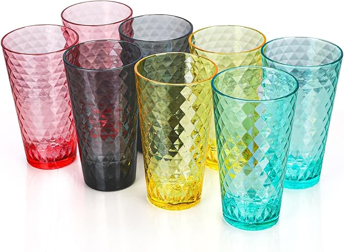 BPA-Free Plastic Tumblers 8 Pack (8x22oz) | Reusable Dishwasher Safe | Stackable Shatterproof Cups | Plastic Drinkware & Drinking Tumblers for Restaurant, Home, Party