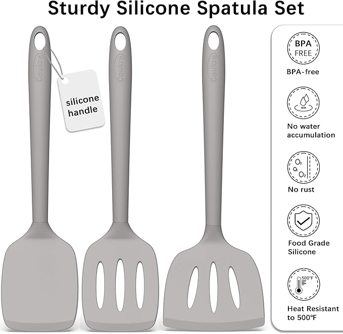 Coukre 3 Pack Silicone Spatula Set, High Heat Resistant, BPA-Free, Fish Spatula, Solid & Slotted Turner for Non-Stick Pans, Flipping Eggs, Pancakes, Fish, Burgers (3, Classic Grey)
