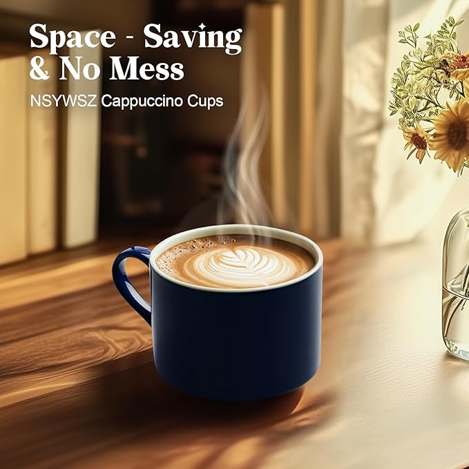 10 Ounce Blue Porcelain Stackable Cappuccino Cups with Stainless Steel Holder, Set of 4, Durable Ceramic, Perfect for Home, Office or Gift