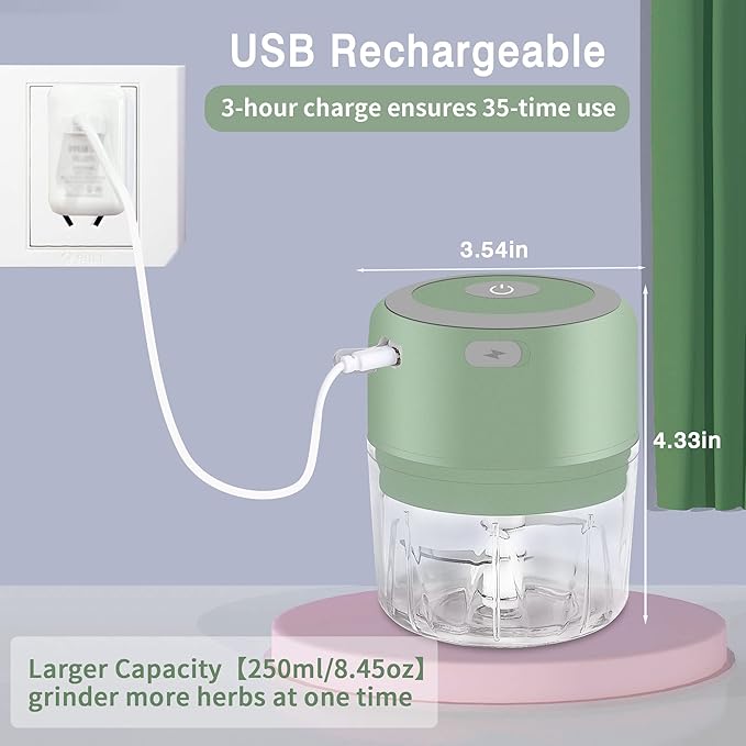 Electric Herb Grinder, 3.5 Inch Large Grinders for Grinding Dry Fresh Herbs and Spice with Clear Chamber, Portable USB Charge Herb Grinder, Including Clean Brush and Tweezers, Gift Box, Green