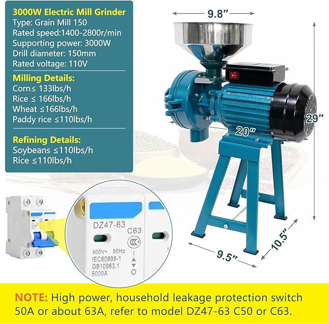 NAIZEA Grain Mills Wet Dry Cereals Grinder, Electric Corn Grain Mill Grinders, Heavy Duty 3000W 110V Commercial Grain Machine, Wheat Feed Flour Mill with Funnel (Dry & Wet Grinder)