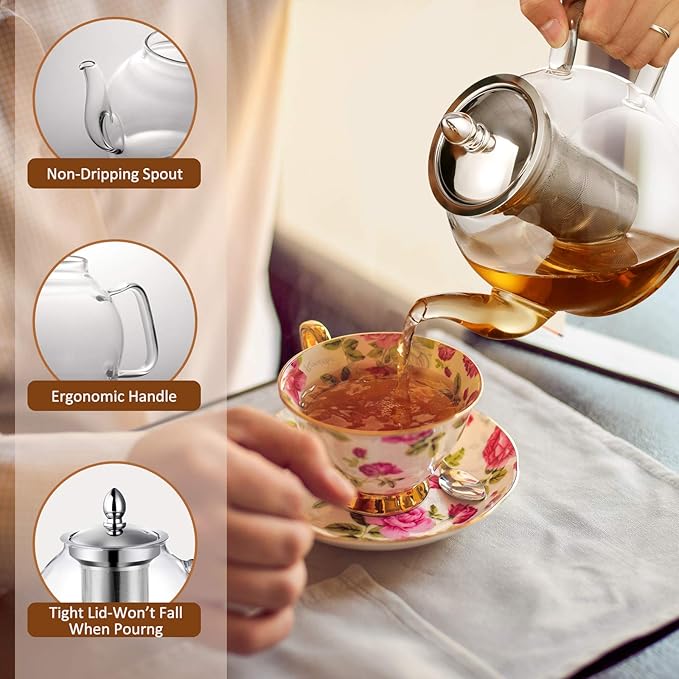 HIWARE 1000ml Glass Teapot with Removable Infuser, Stovetop Safe Tea Kettle, Blooming and Loose Leaf Tea Maker Set