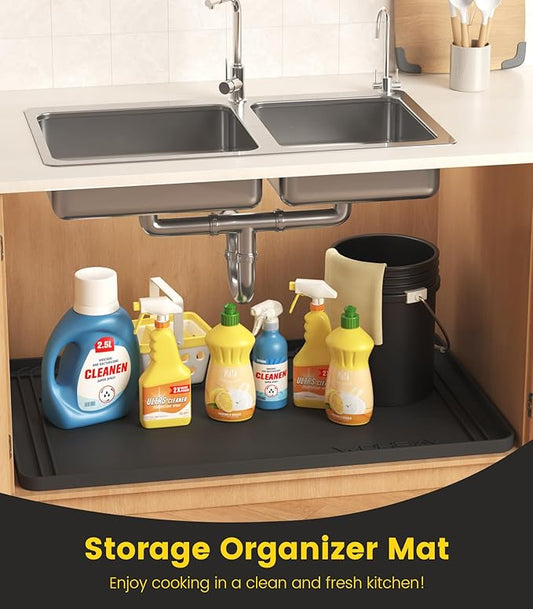 Under Sink Mats for Kitchen Waterproof, Cut to Fit Under Sink Drip Tray for Kitchen Bathroom Cabinets, Silicone Sink Liner Hold Up to 3.3 Gallons Liquid, 34" X 22" Or Smaller (Black, Large)