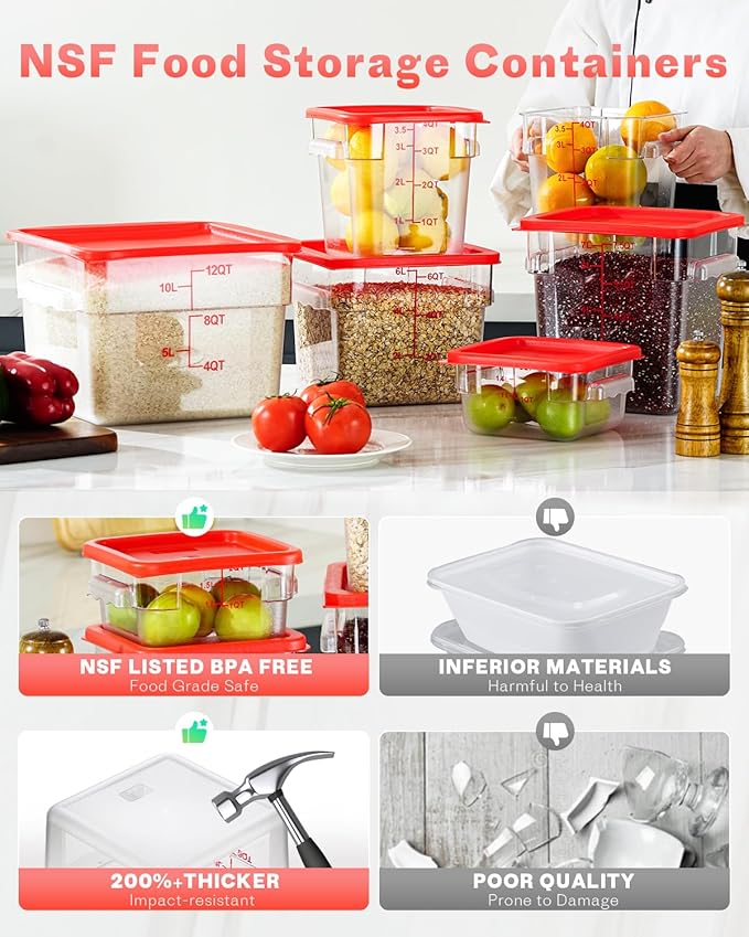 8QT NSF Food Storage Containers: 6PCS[Food Grade][Hot&Cold Resistant] Clear Food Storage Containers with Scales Handles for Home Restaurant Kitchen Storage Pizza Proof Dough, BPA Free (N2)