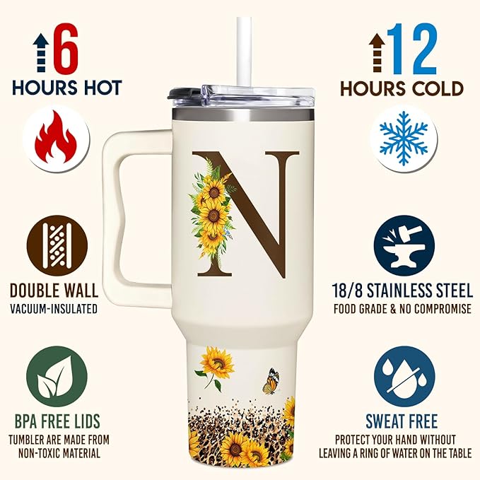 Personalized Birthday Gifts For Women - Sunflowers Monogrammed Cup For Boss Day, Christmas - Customized Gifts For Women, Mom, Wife, Coworkers, Boss Lady, Her - Custom Tumbler With Handle 40oz