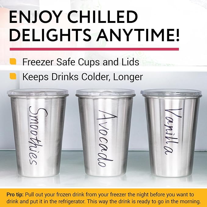 IMPRESA Smoothie Cups for Freezer - 16.9 Oz Stainless Steel Glossy Silver 6-Pack - Reusable Slide-Top Spill-Resistant Lids & Dry-Erase Friendly - Meal Prep Smoothie Storage Containers