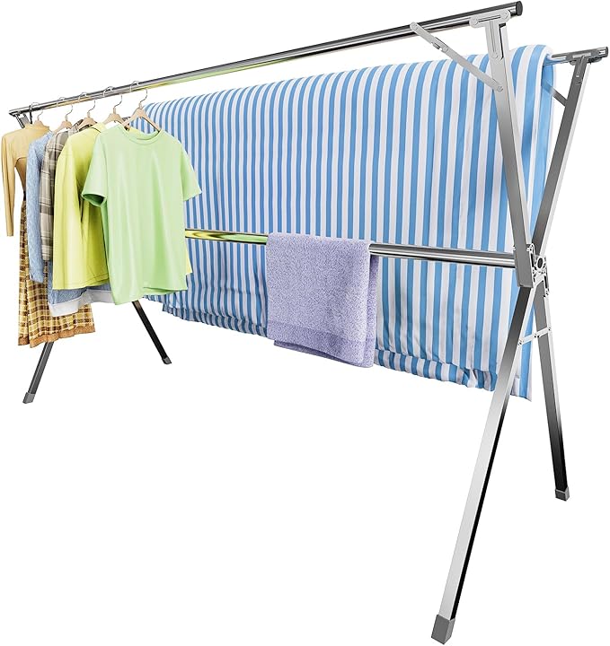 Clothes Drying Rack,Heavy Duty Stainless Steel Garment Rack,Adjustable and Foldable Laundry Drying Rack for Indoor Outdoor Drying Rack Clothing with 20 Windproof Hooks (Silver, 79")