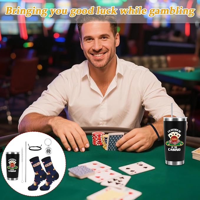 Gambling Gifts, Casino Gifts for Men Include 20 oz Casino Stainless Steel Tumbler Funny Socks Keychain Lucky Bracelet Slot Machine Gift for Christmas Birthday Party