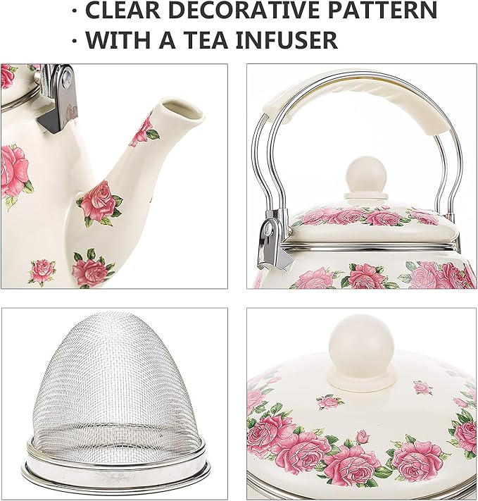 Tea Kettle Pot for Stove Top,Porcelain Large Enamel Teakettle,3.3L Colorful Teapot Floral Ceramic for Stovetop,Retro Classic Design