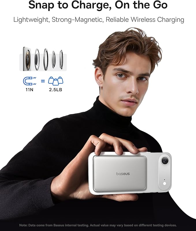 Baseus Picogo Power Bank, 0.3" Ultra Slim 5000mAh MagSafe Battery Pack, Upgraded Polished Alloy Magnetic Portable Charger, Wireless Charger with USB-C Cable for iPhone 17 Pro Max/17 Air/16/15/14/13/12