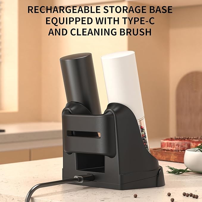 RECHARGEABLE - Electric Pepper and Salt Grinder Set, Adjustable Coarseness, With LED Light, One Hand Automatic Operation (C/Black&white)